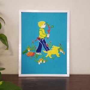 Vintage  Crewel  "Little Big Wheel " Boy Walking With Dog And Forest Creatures